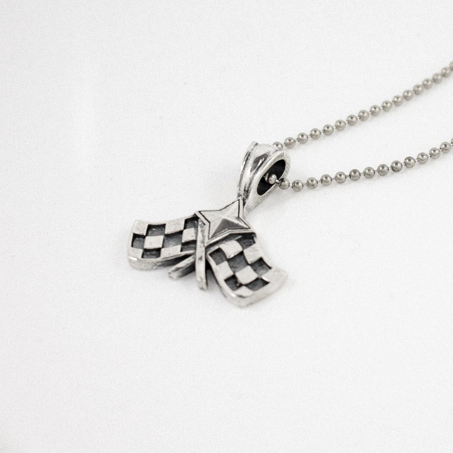 Crossed Checkered Racing Flags Pendant - Featuring Large Star and Loop Hole for Larger Chain