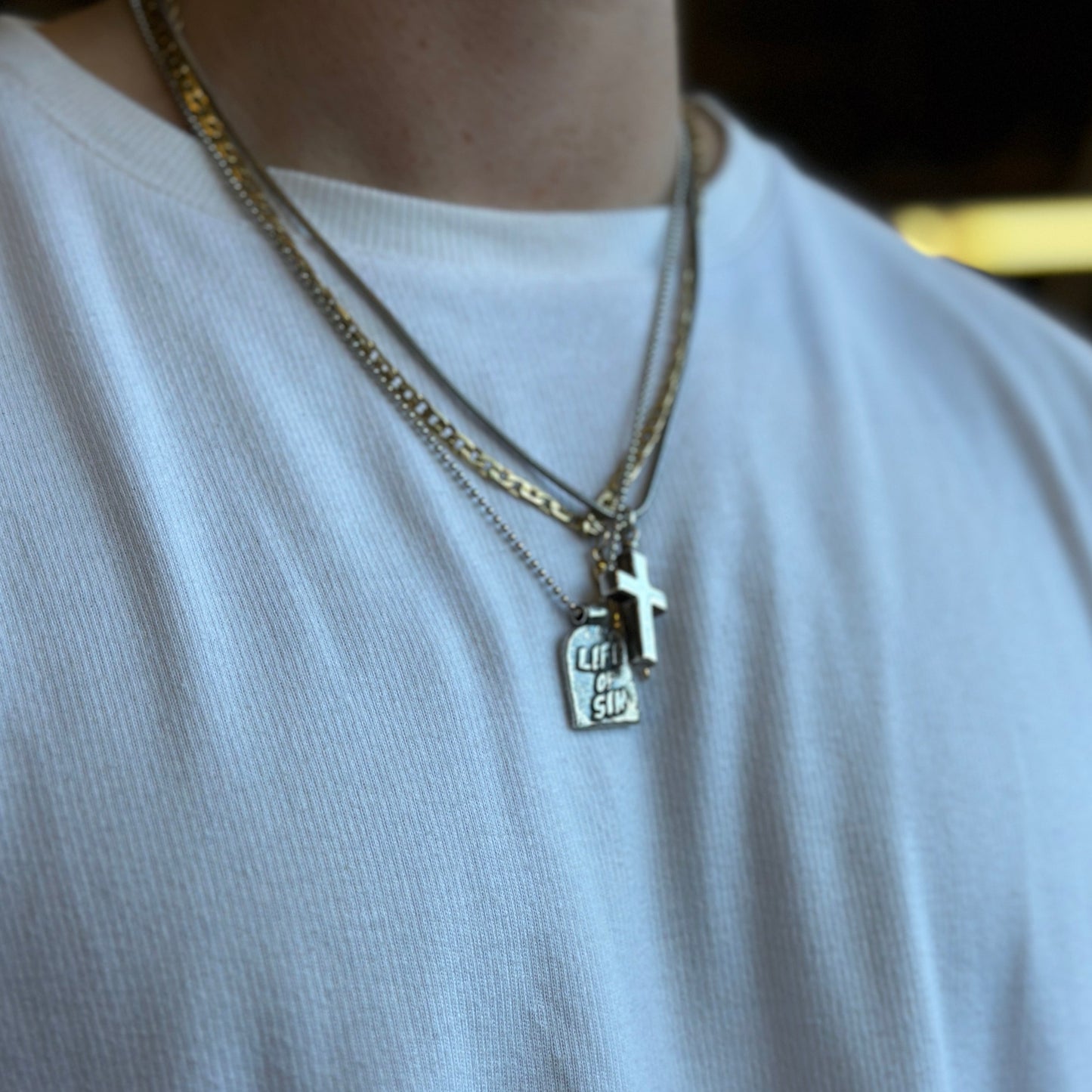 Life of Sin Gravestone and Flame Font Sterling Silver Necklace