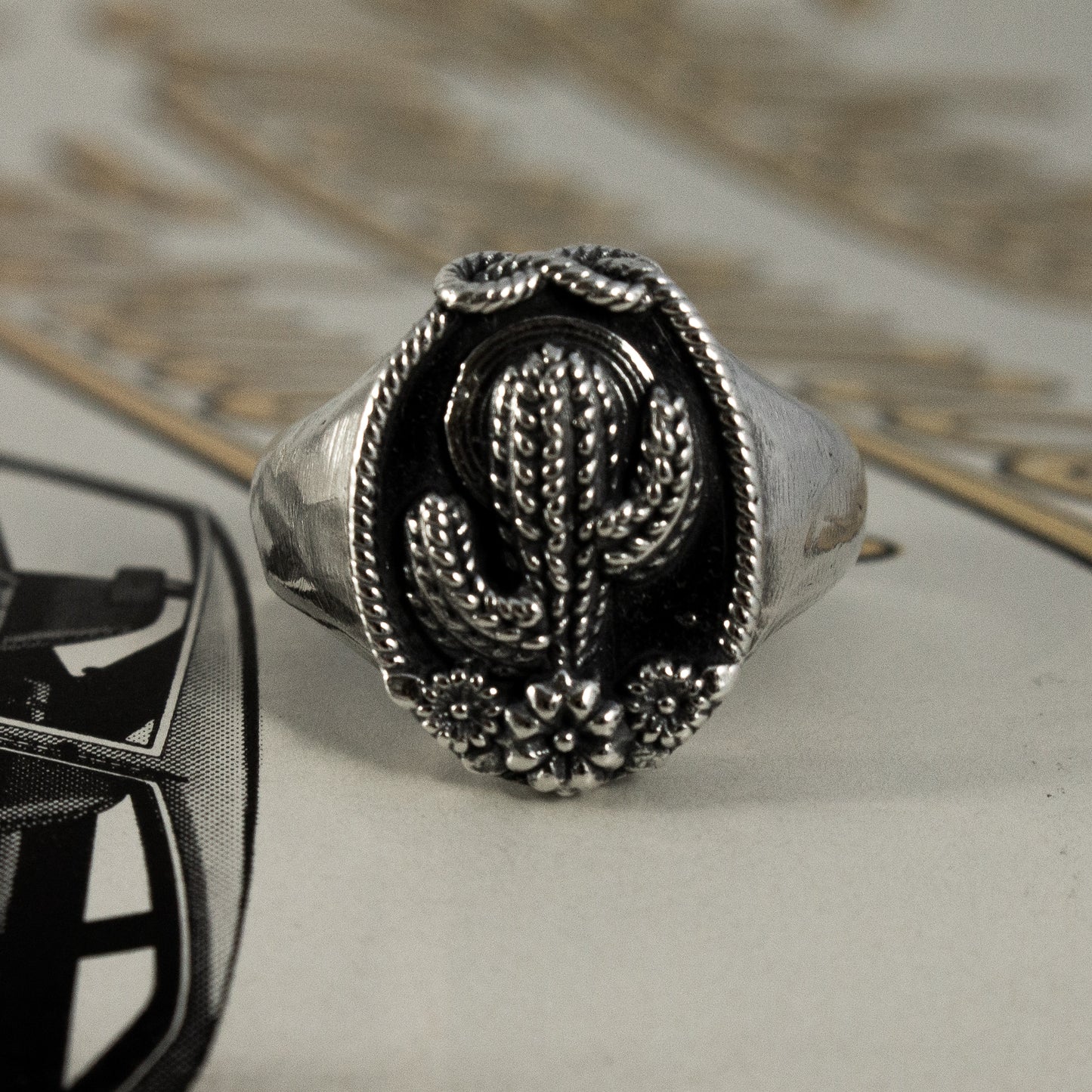 Saguaro Cactus Ring in Sterling Silver with a Twisted Rope Border