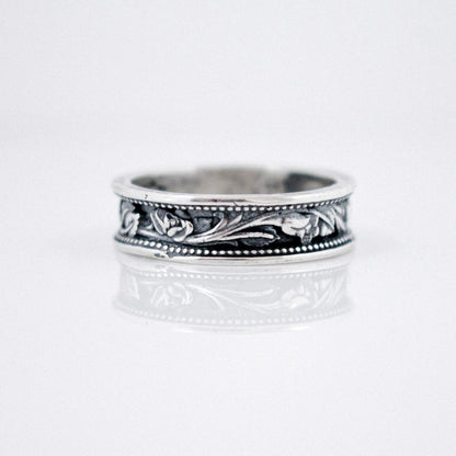 Western Inspired Scrolling Flowers and Leaves Wedding Band