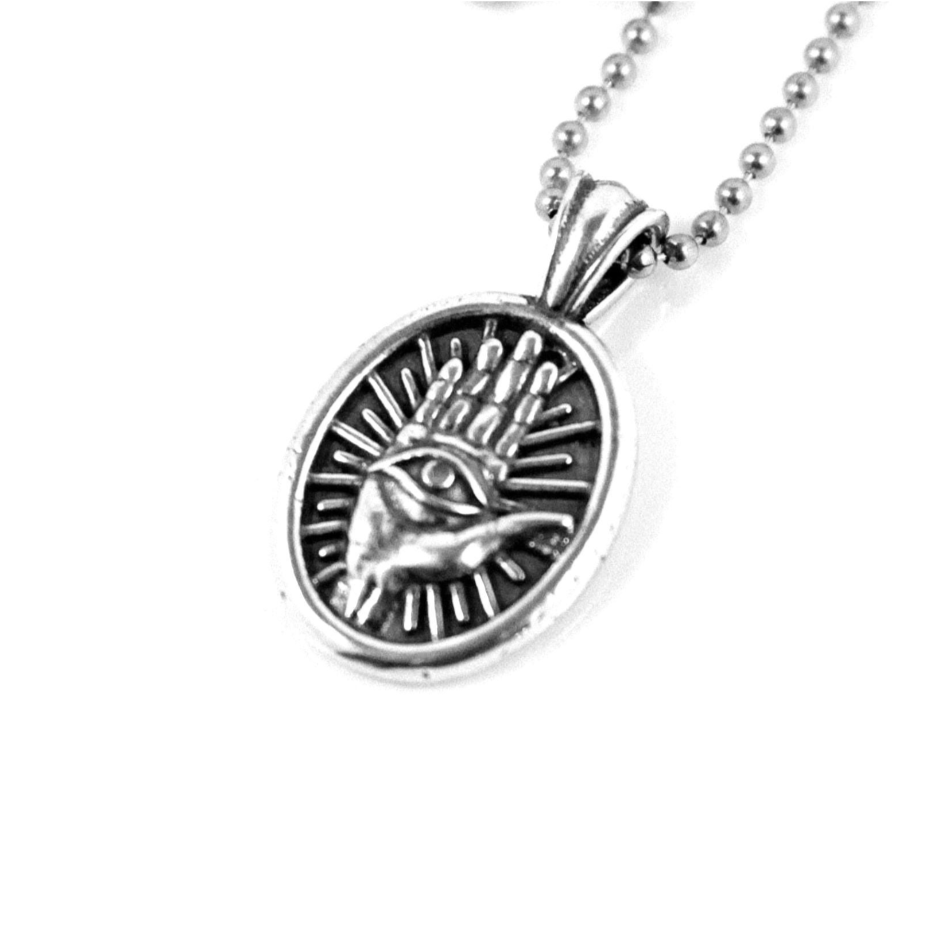 Third Eye in Hand and Starburst Oval Pendant Necklace